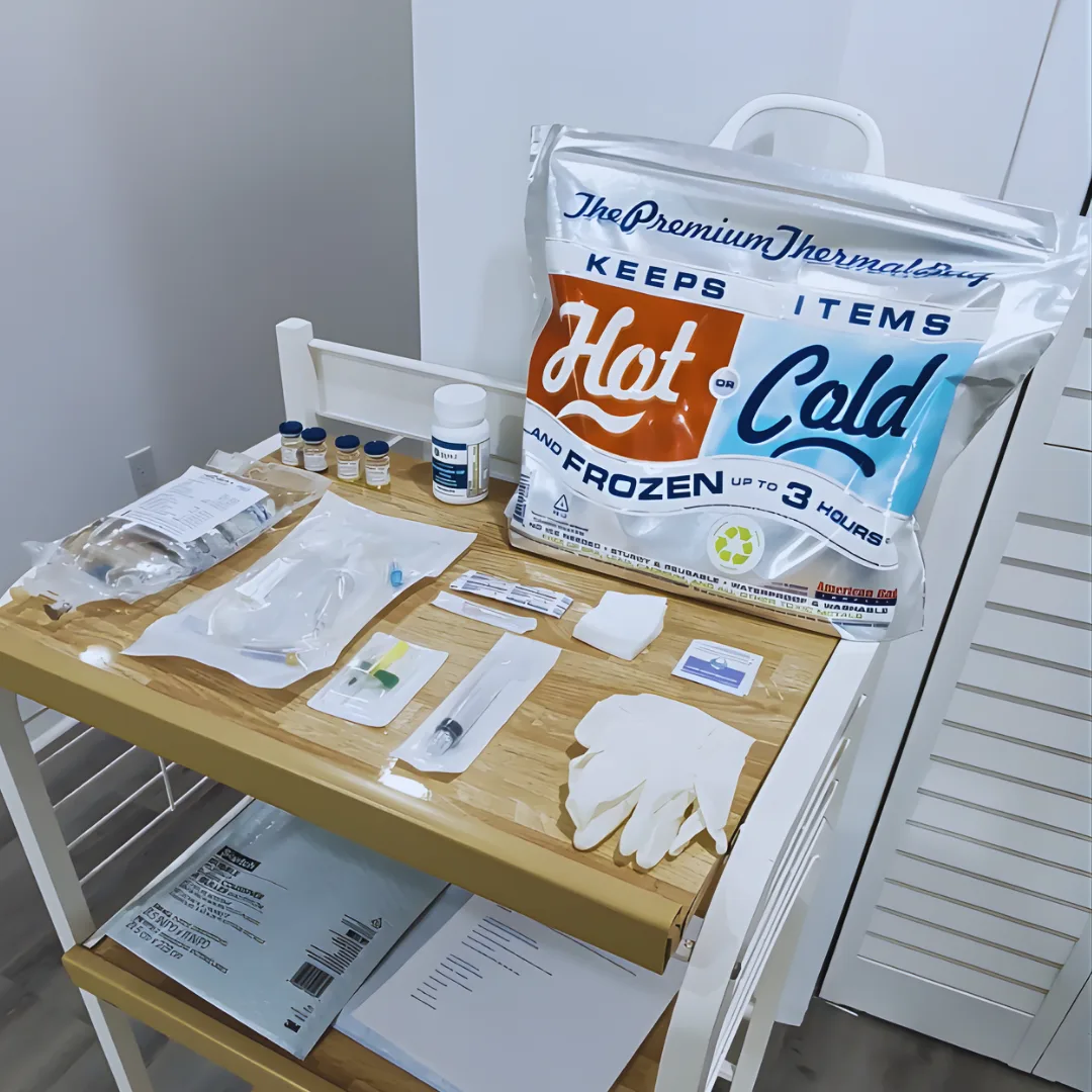 El Combo Hidra+ dentro de su bolsa térmica, junto al material de aplicación